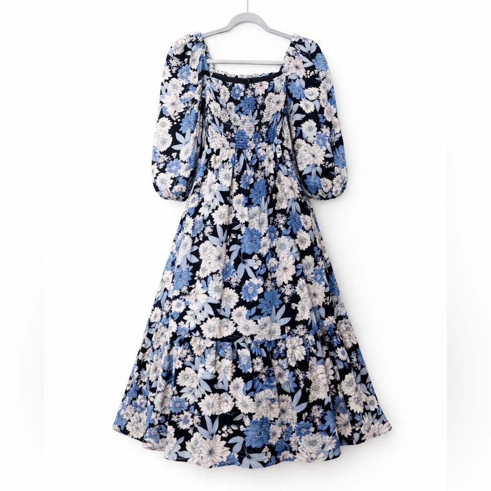J Crew Dress Linen Daydream Zinnia Floral Cottagecore Feminine Smocked derby